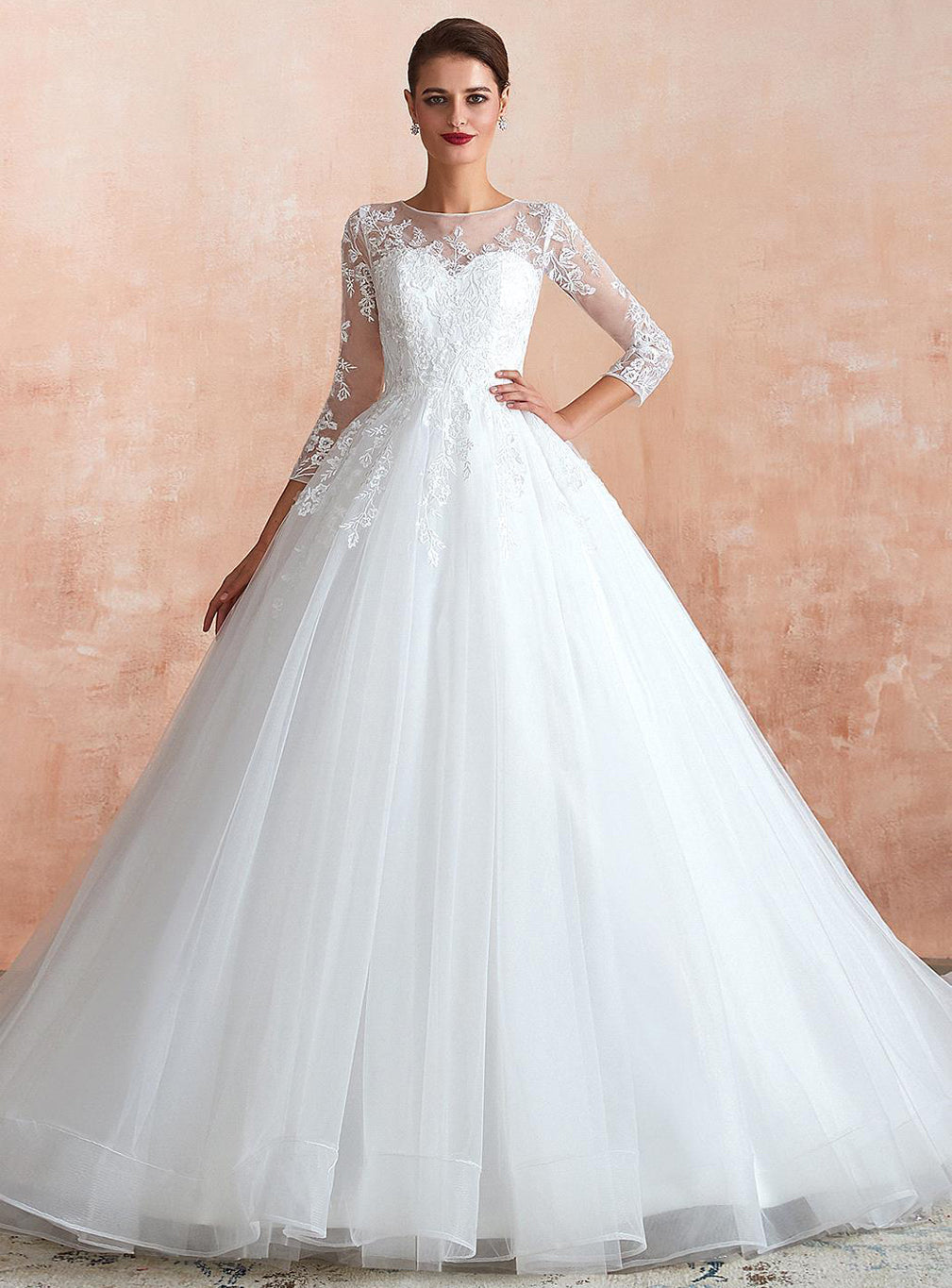 A-line Jewel Tulle Lace 3/4 Sleeves Chapel Train Ball Gown Wedding Dress BMbride