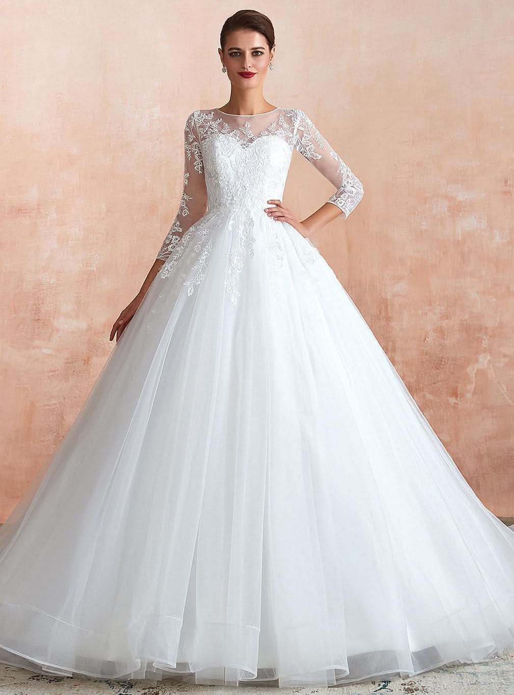 A-line Jewel Tulle Lace 3/4 Sleeves Chapel Train Ball Gown Wedding Dress BMbride