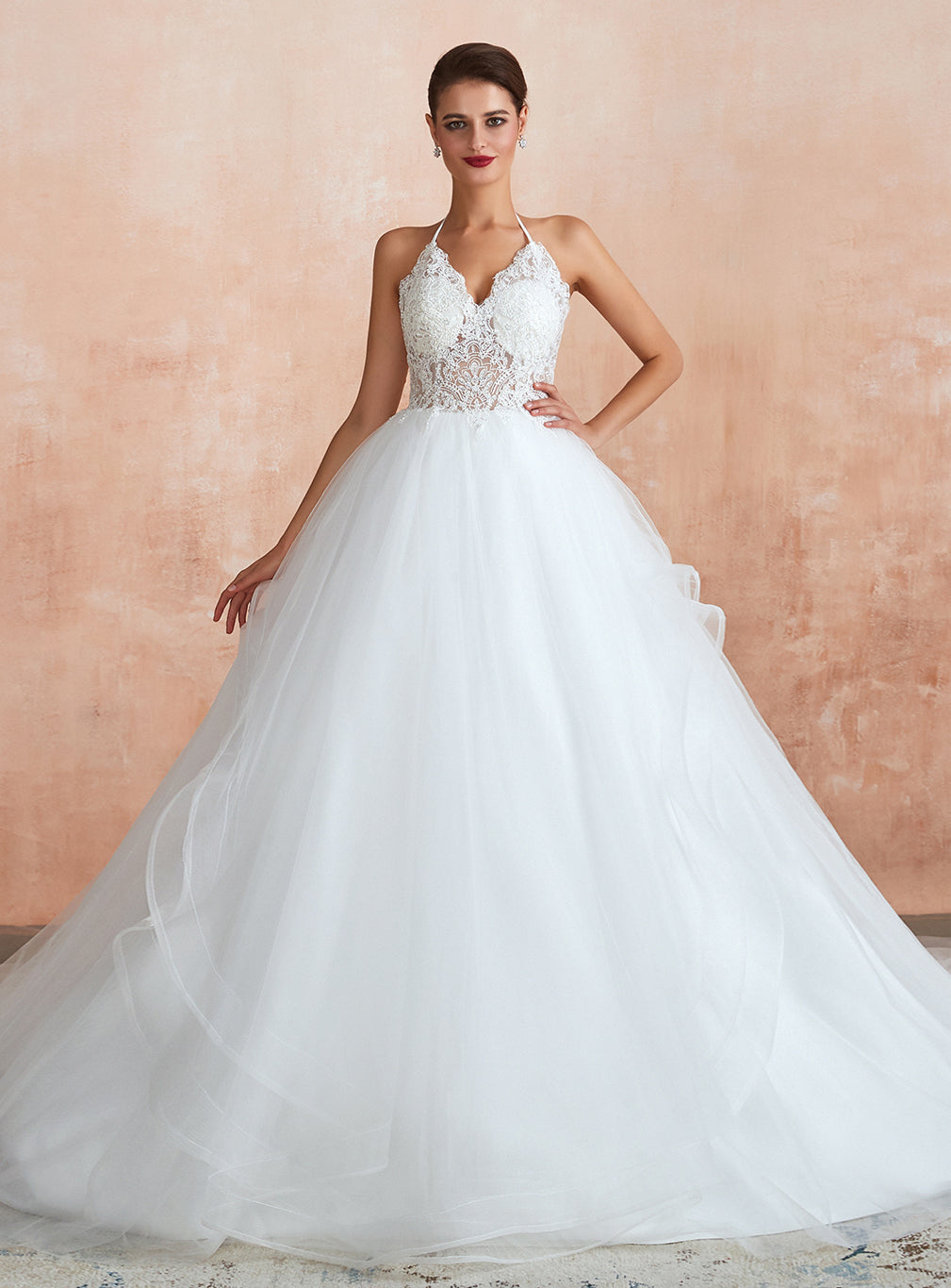 Princess Lace Halter Cathedral Train Wedding Dress BMbride