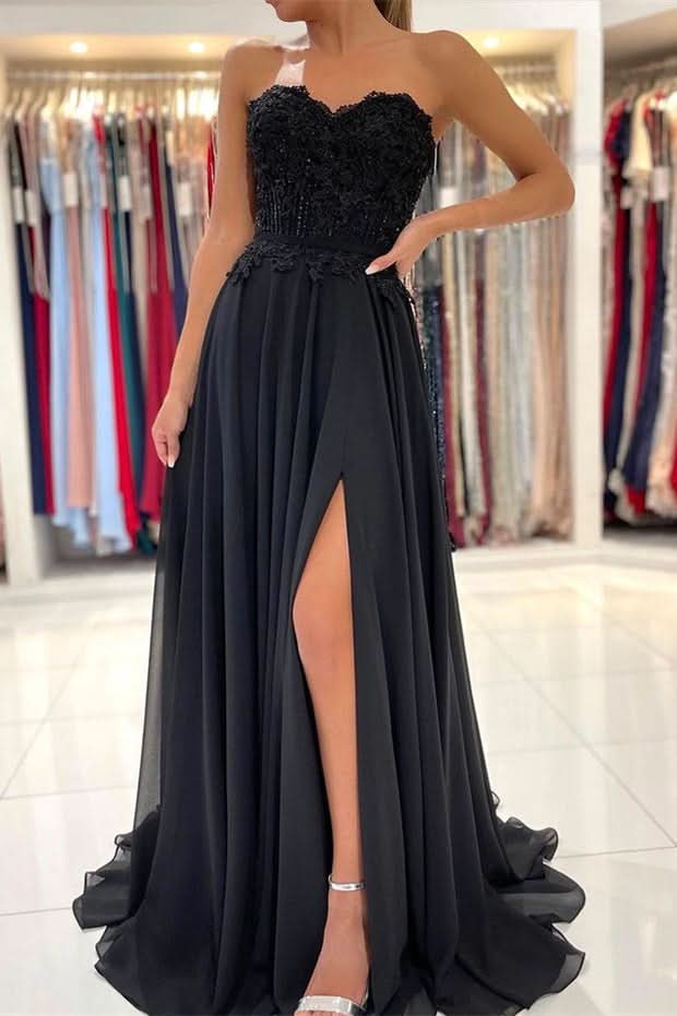 A-line Lace Long Front-Split Prom Dress Off-the-shoulder Evening Dress BM bride