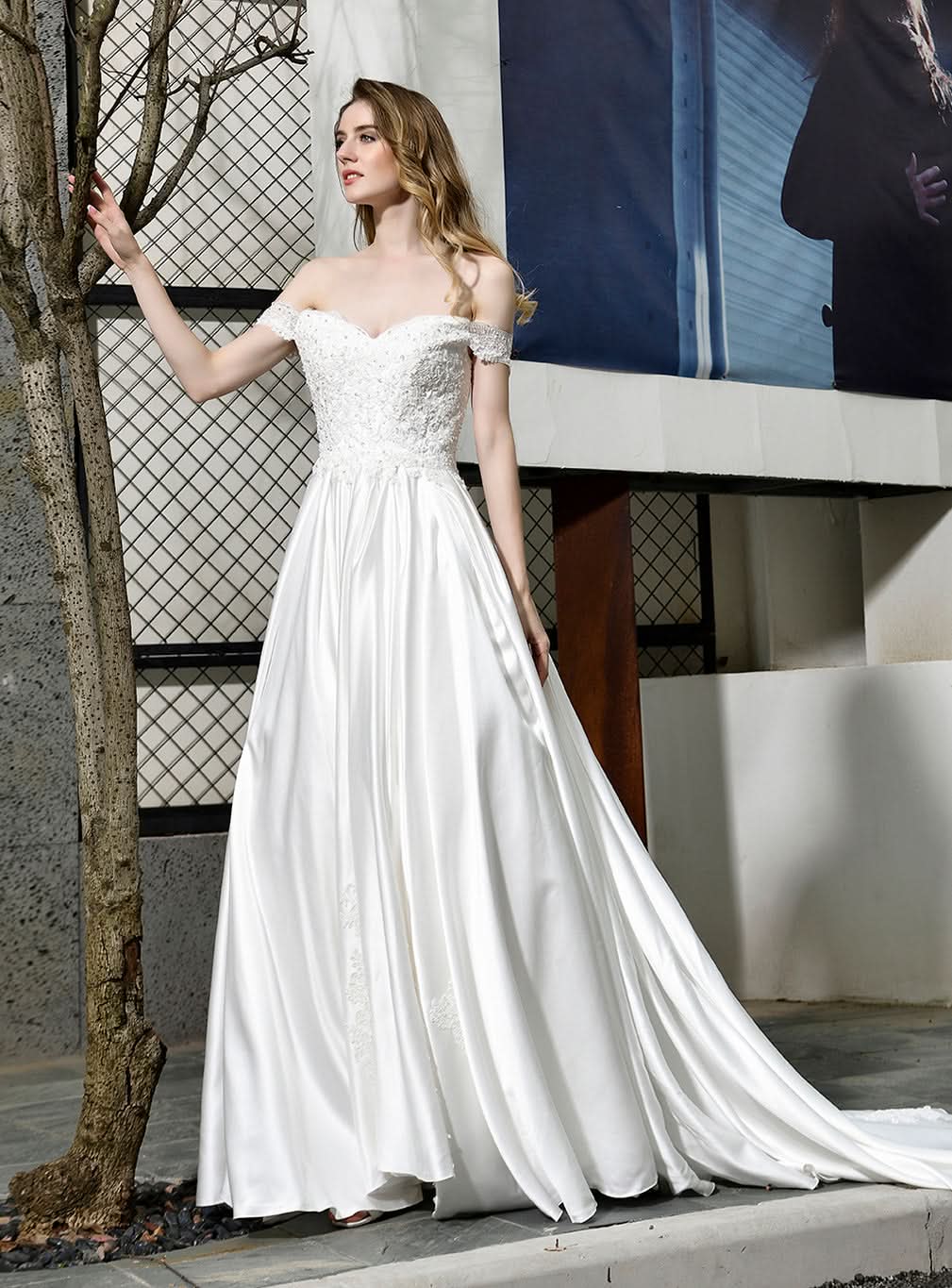 A-line Lace Off-the-Shoulder Chapel Train Wedding Dress with Low Back BMbride