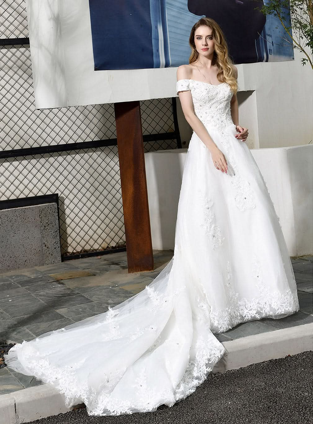 A-line Lace Off-the-Shoulder Court Train Wedding Dress BMbride