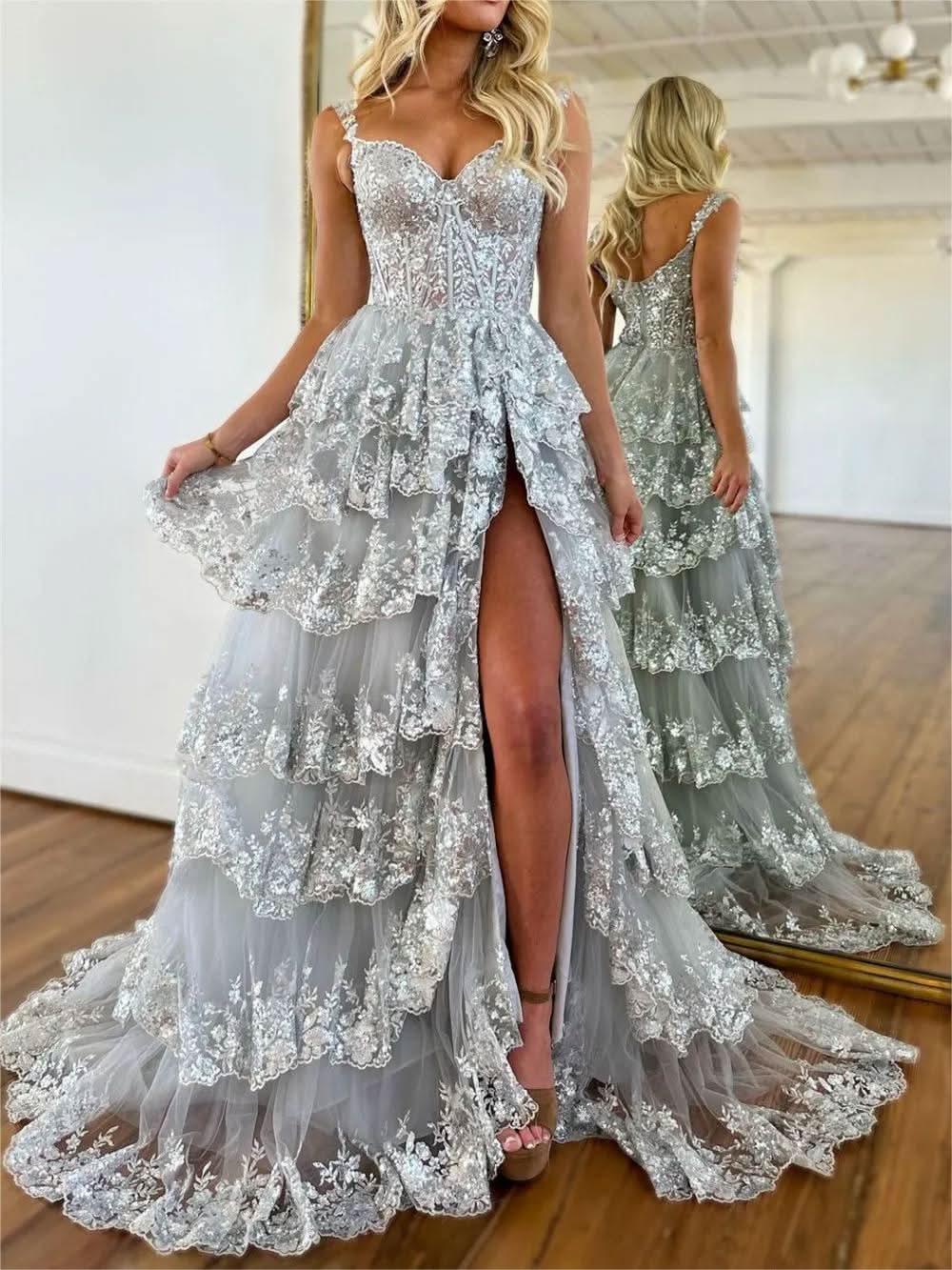 Elegant A-Line Lace Off-the-Shoulder Tiered Long Prom Dress with Slit BM bride