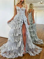 Elegant A-Line Lace Off-the-Shoulder Tiered Long Prom Dress with Slit BM bride