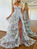 Silver Princess A-Line Off-the-Shoulder Corset Prom Dress with Lace Ruffles BM bride