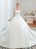 Off-the-Shoulder Long Sleeves Satin Cathedral Train Wedding Dress BMbride