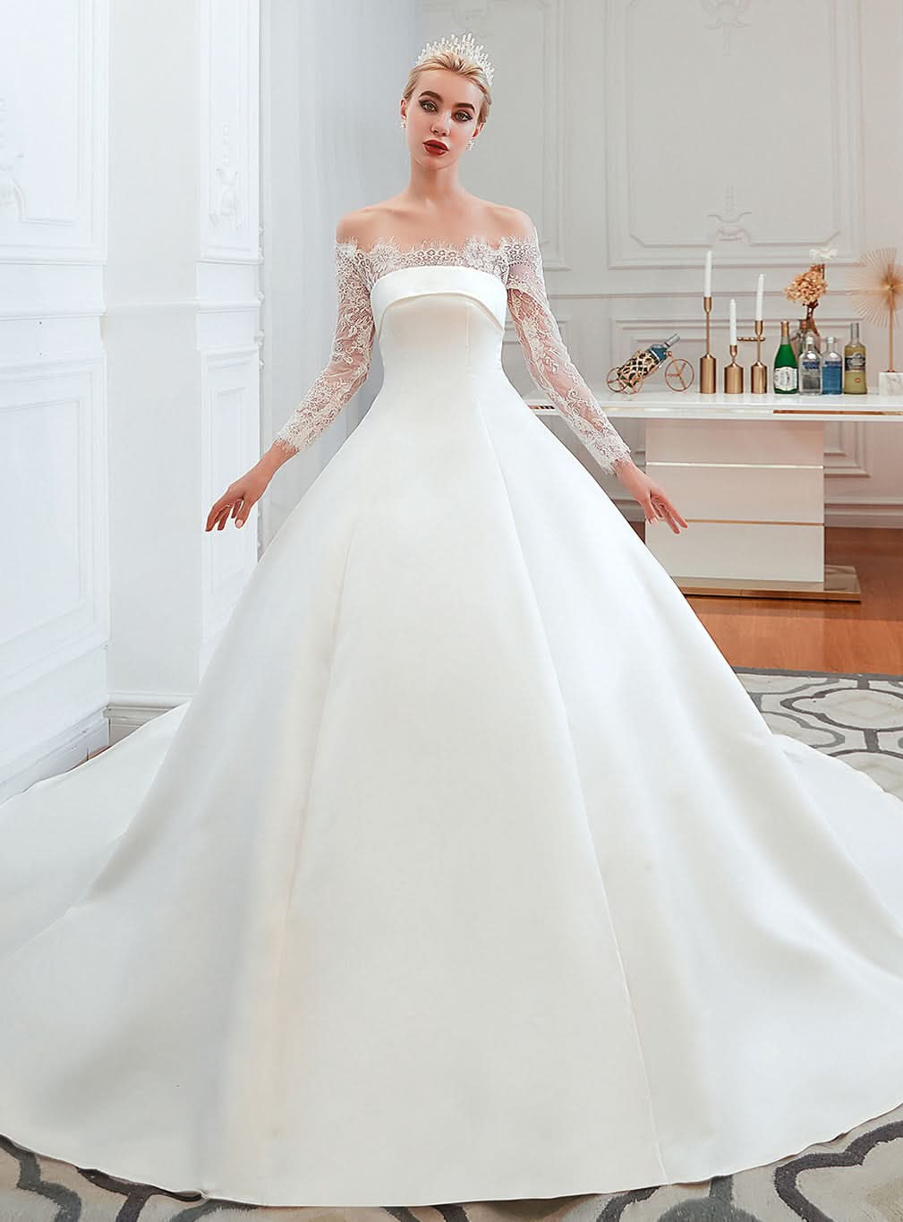 Off-the-Shoulder Long Sleeves Satin Cathedral Train Wedding Dress BMbride