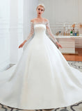 Off-the-Shoulder Long Sleeves Satin Cathedral Train Wedding Dress BMbride
