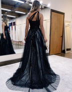 Elegant A-Line One Shoulder Black Long Prom Dress with Appliques BM bride