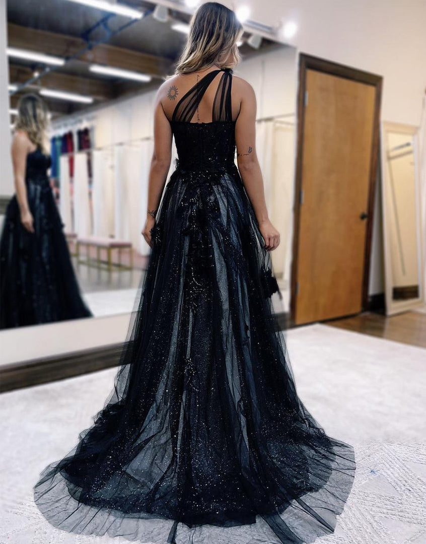 Elegant A-Line One Shoulder Black Long Prom Dress with Appliques BM bride