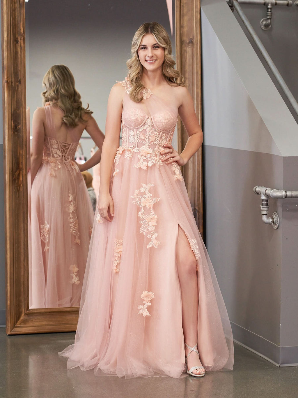 Elegant A-Line One Shoulder Black Long Prom Dress with Appliques BM bride