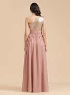 A-Line One-Shoulder Sleeveless Sequins Floor-Length Dress BMbride