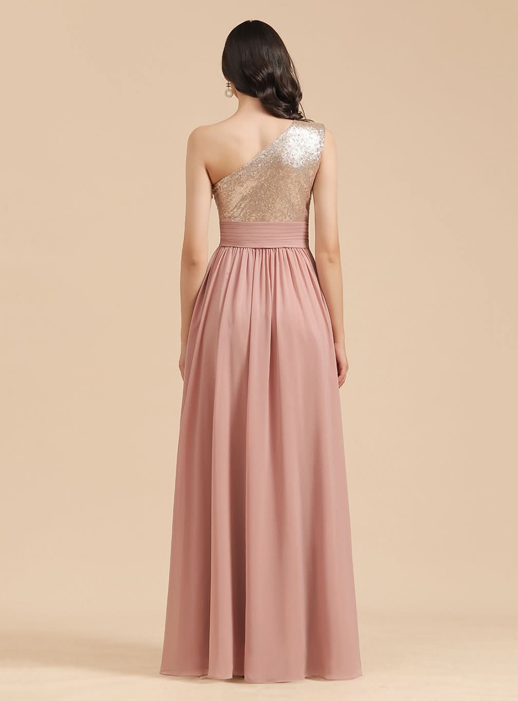 A-Line One-Shoulder Sleeveless Sequins Floor-Length Dress BMbride