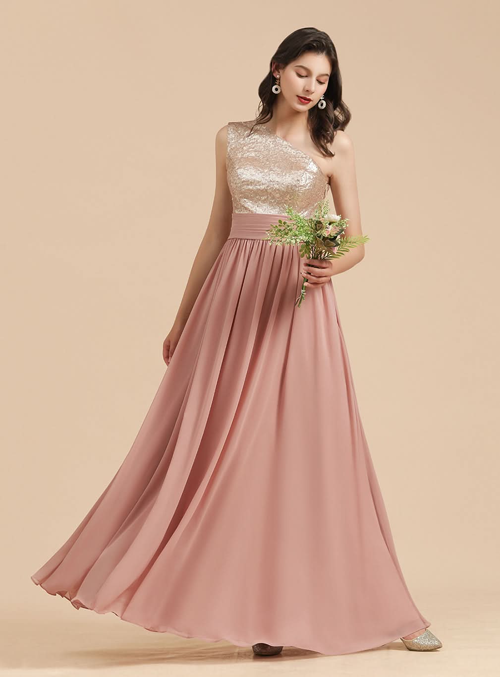 A-Line One-Shoulder Sleeveless Sequins Floor-Length Dress BMbride