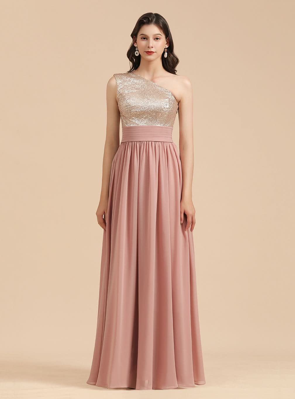 A-Line One-Shoulder Sleeveless Sequins Floor-Length Dress BMbride