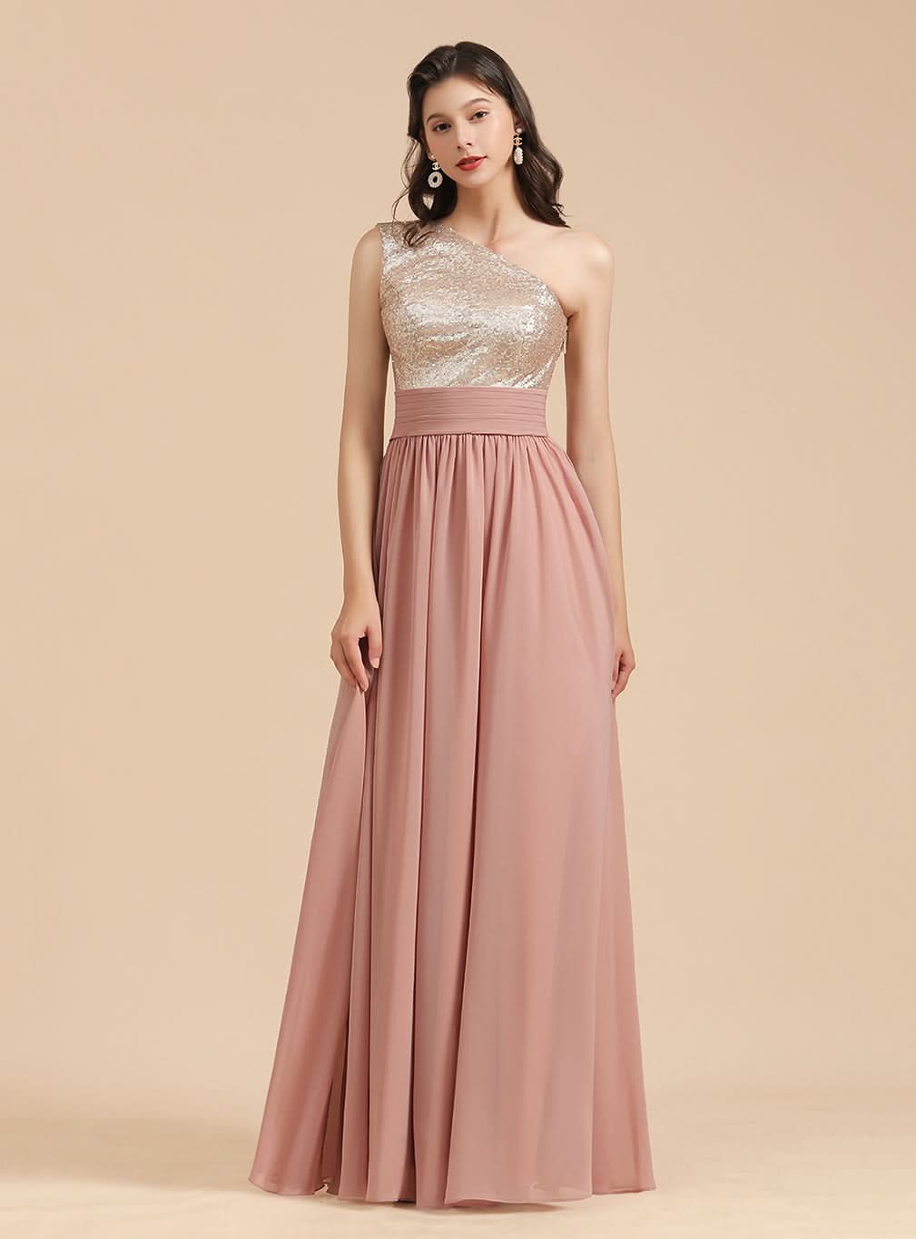 A-Line One-Shoulder Sleeveless Sequins Floor-Length Dress BMbride