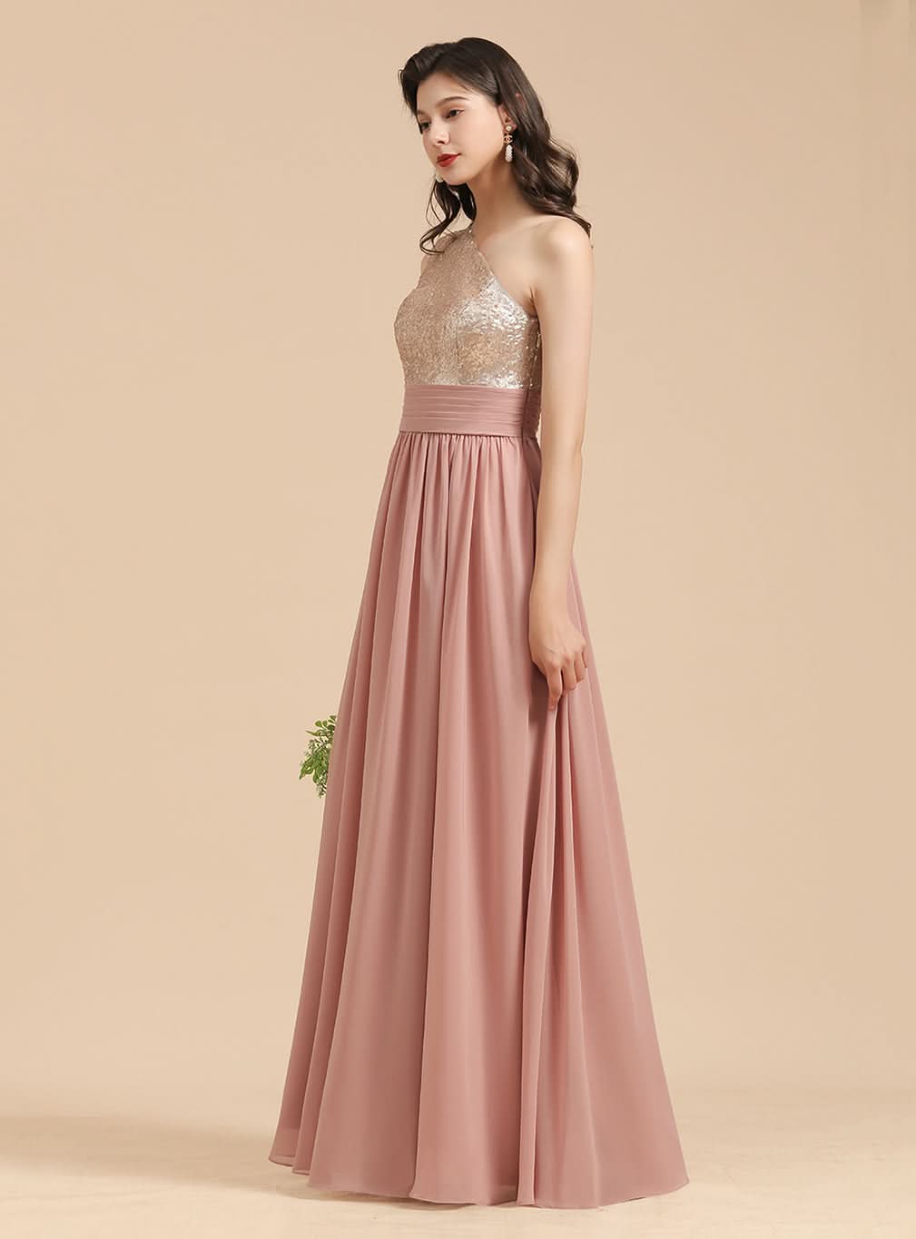 A-Line One-Shoulder Sleeveless Sequins Floor-Length Dress BMbride