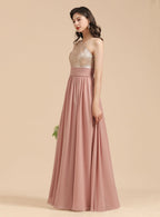 A-Line One-Shoulder Sleeveless Sequins Floor-Length Dress BMbride