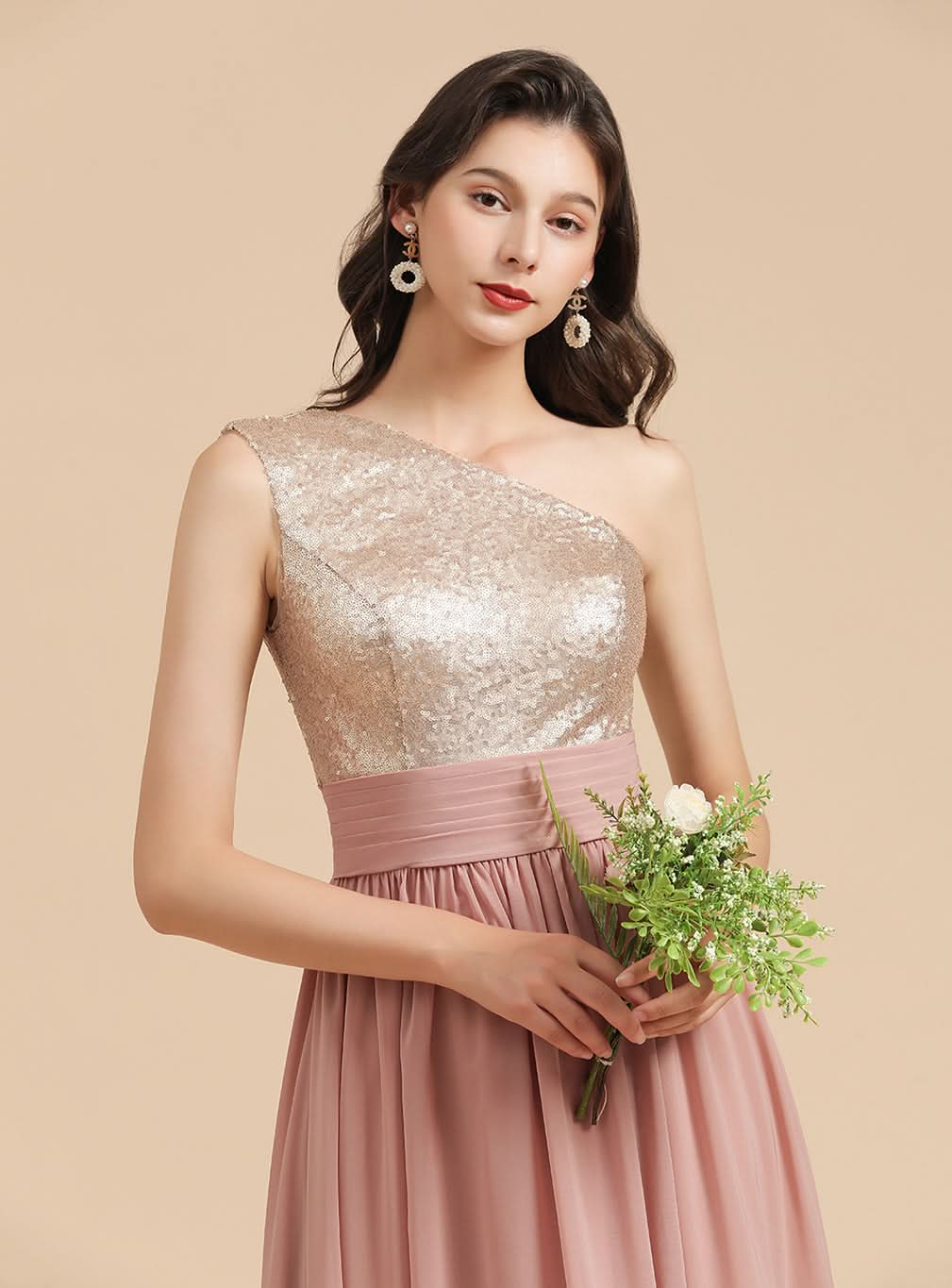 A-Line One-Shoulder Sleeveless Sequins Floor-Length Dress BMbride