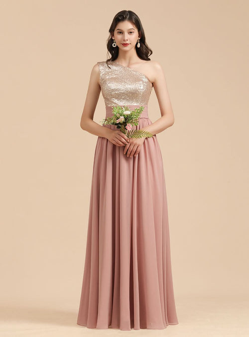 A-Line One-Shoulder Sleeveless Sequins Floor-Length Dress BMbride