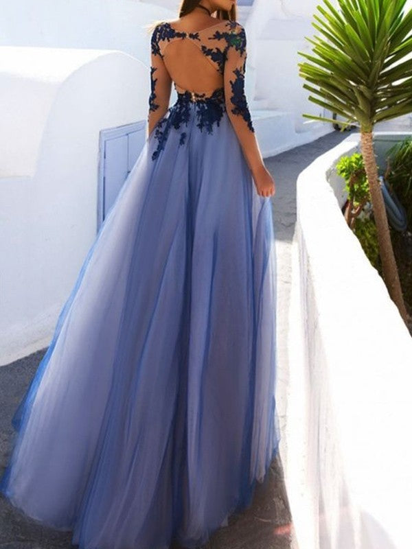 BMbride A-Line Scoop Long Sleeves Floor-Length With Applique Tulle Prom Dresses BMbride