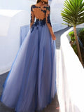 BMbride A-Line Scoop Long Sleeves Floor-Length With Applique Tulle Prom Dresses BMbride