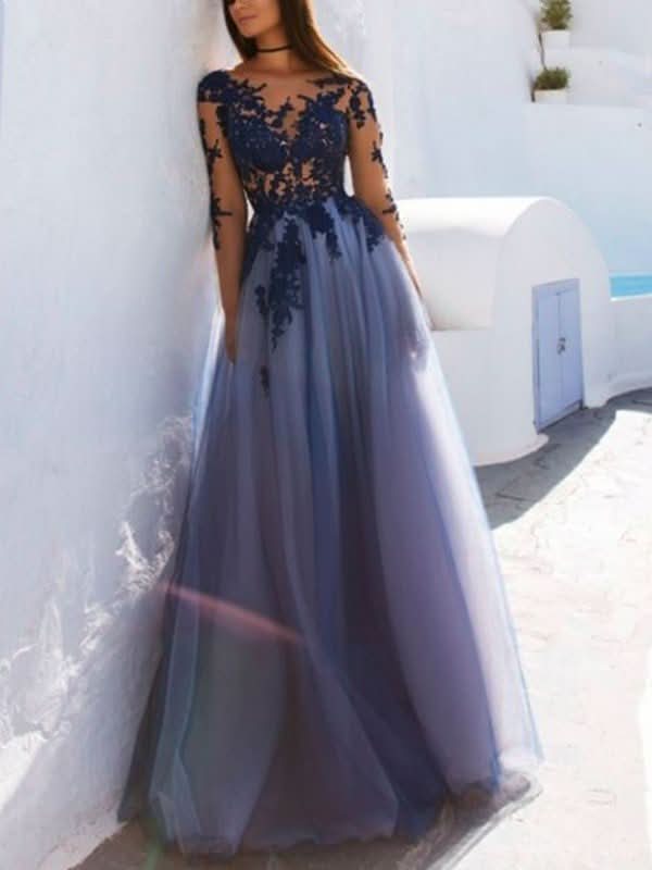 BMbride A-Line Scoop Long Sleeves Floor-Length With Applique Tulle Prom Dresses BMbride
