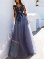 BMbride A-Line Scoop Long Sleeves Floor-Length With Applique Tulle Prom Dresses BMbride