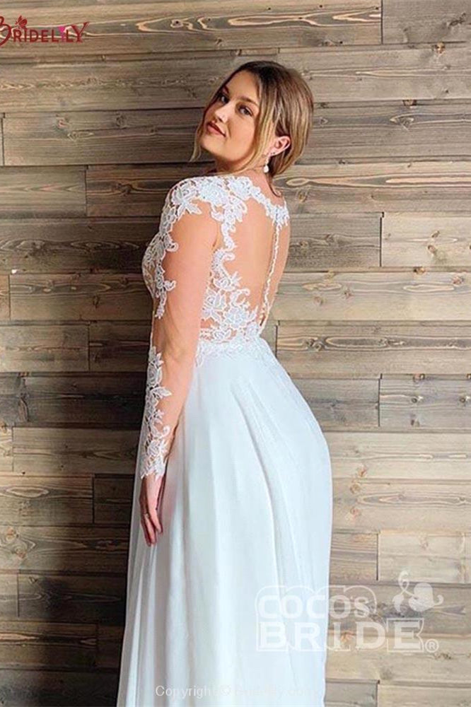 BMbride A-line Sheer Tulle Lace Wedding Gowns Long Sleeve Floor Length Beach Bridal Gowns BMbride