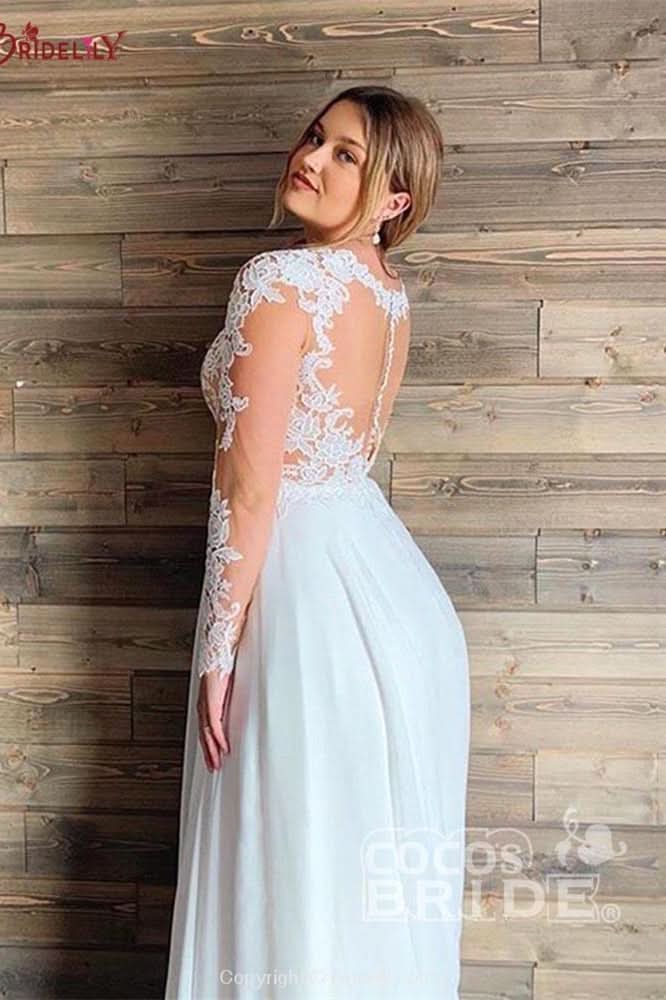 BMbride A-line Sheer Tulle Lace Wedding Gowns Long Sleeve Floor Length Beach Bridal Gowns BMbride
