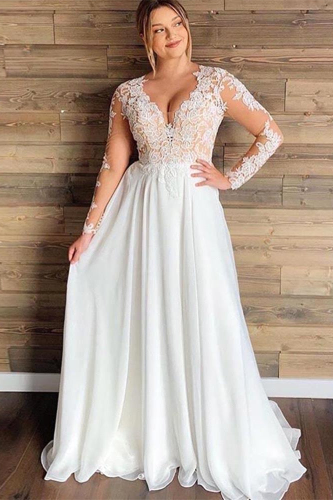 BMbride A-line Sheer Tulle Lace Wedding Gowns Long Sleeve Floor Length Beach Bridal Gowns BMbride