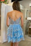Dazzling A-Line Sky Blue Sequins Multi-Layered Short Homecoming Dress BM bride