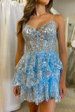 Dazzling A-Line Sky Blue Sequins Multi-Layered Short Homecoming Dress BM bride