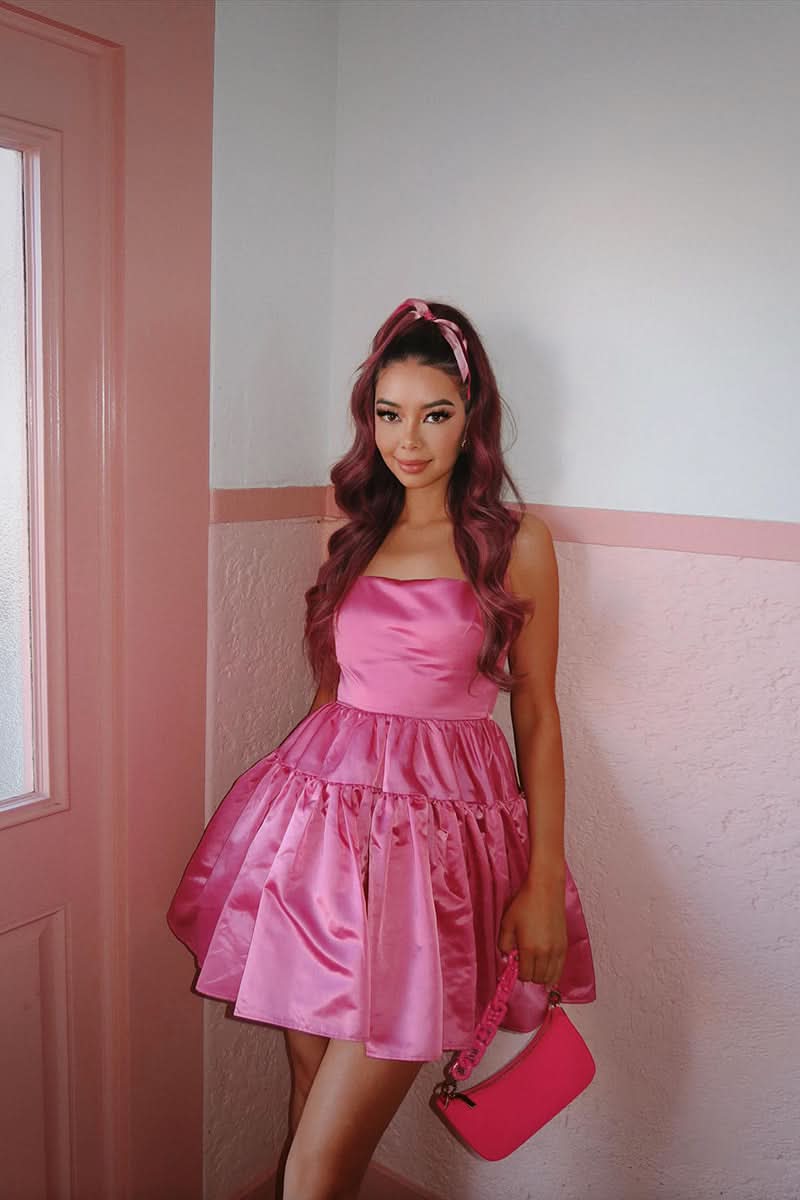 A Line Square Candy Pink Homecoming Dress Short Party Dress BM bride