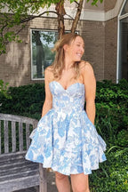 Chic A-Line Strapless Blue Satin Short Homecoming Dress Featuring Pockets BM bride