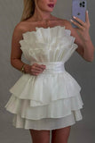 Charming A-Line Strapless Tiered Short Homecoming Dress Party Gown BM bride