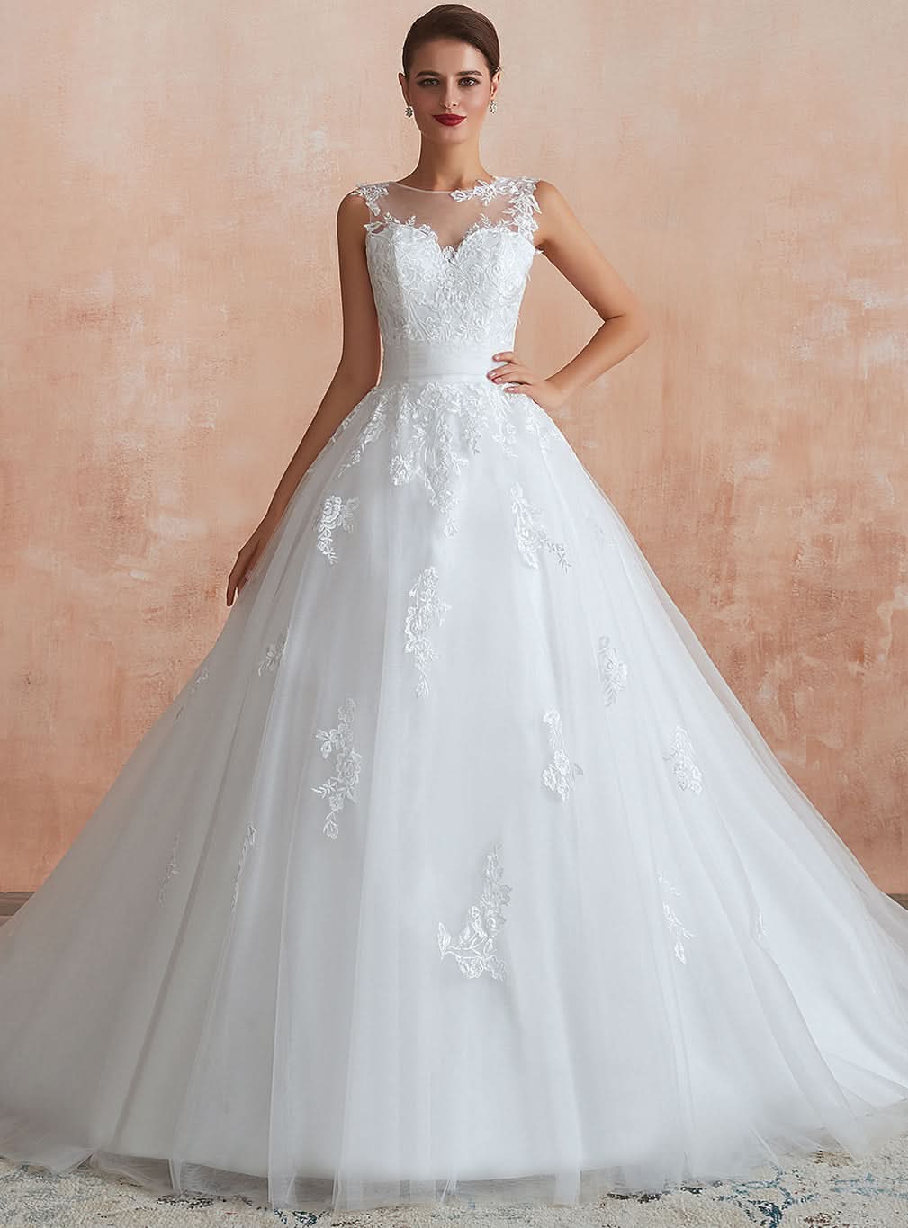 A-line Sweetheart Sleeveless Tulle Cathedral Train Wedding Dress BMbride