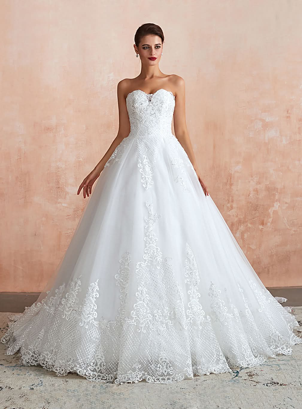 A-line Sweetheart Strapless Tulle Chapel Train Wedding Dress BMbride