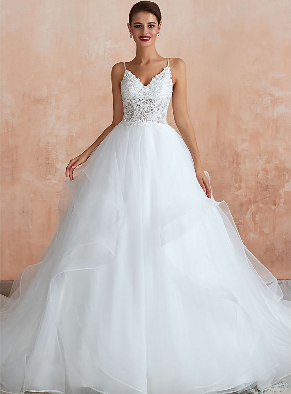 A-line Tulle Lace Sleeveless Chapel Train Wedding Dress BMbride