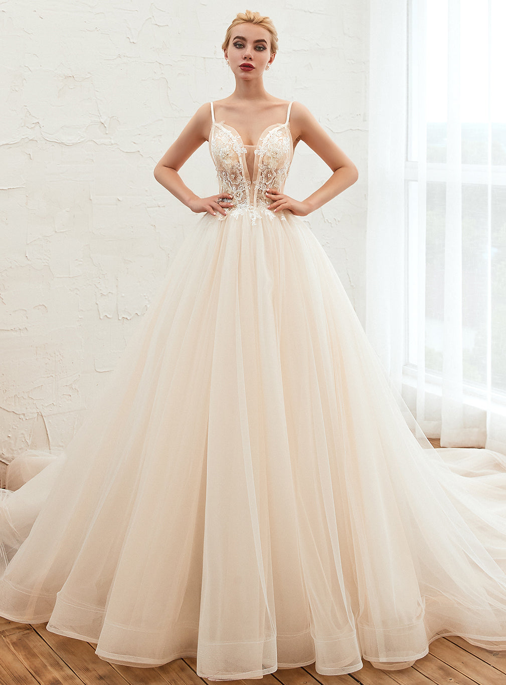 Tulle Lace V-Neck Spaghetti Straps Cathedral Train Princess Wedding Dress BMbride