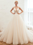 Tulle Lace V-Neck Spaghetti Straps Cathedral Train Princess Wedding Dress BMbride