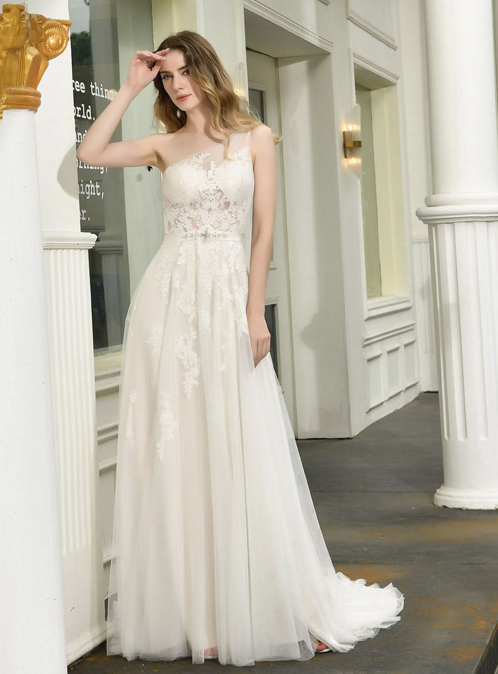 A-line Tulle One Shoulder Chapel Train Wedding Dress BMbride
