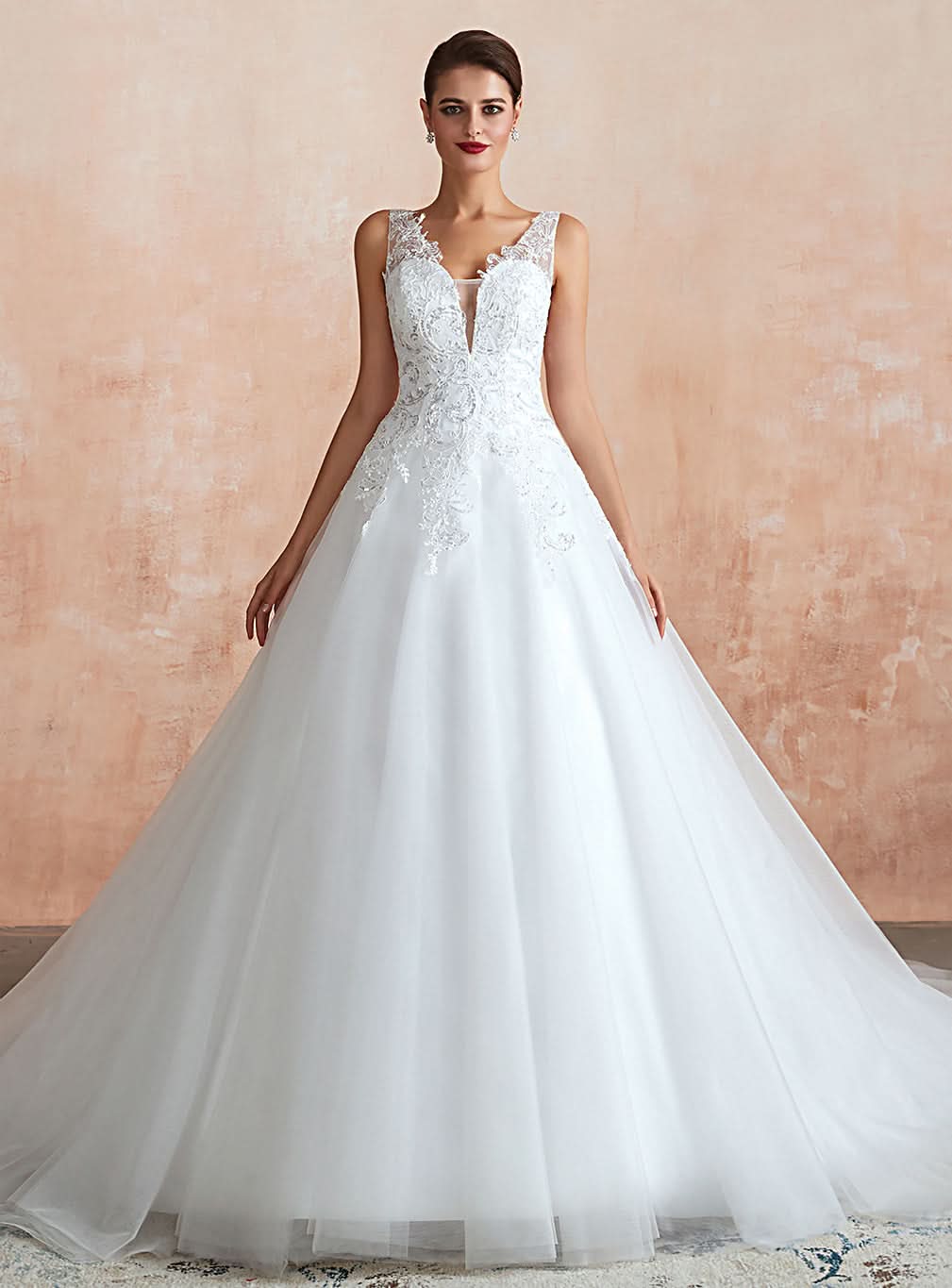 A-line Tulle Sleeveless Cathedral Train Wedding Dress with Appliques BMbride