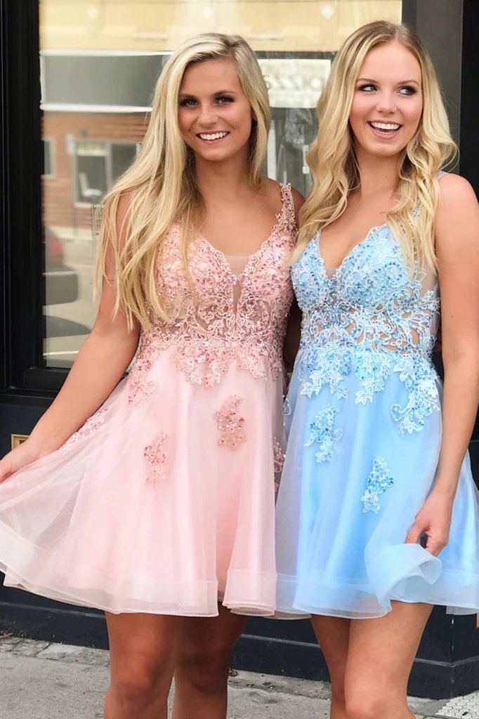 Lucinda |A Line V Neck Tulle Homecoming Dress with Appliques BM bride