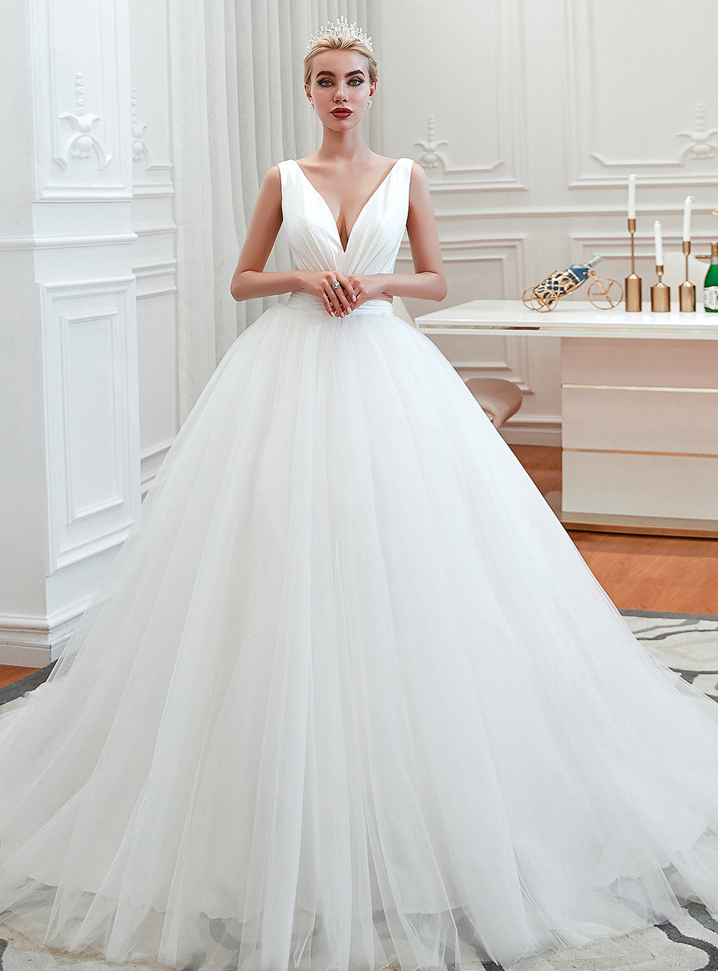 V-Neck Sleeveless Tulle Cathedral Train Beach Wedding Dress BMbride