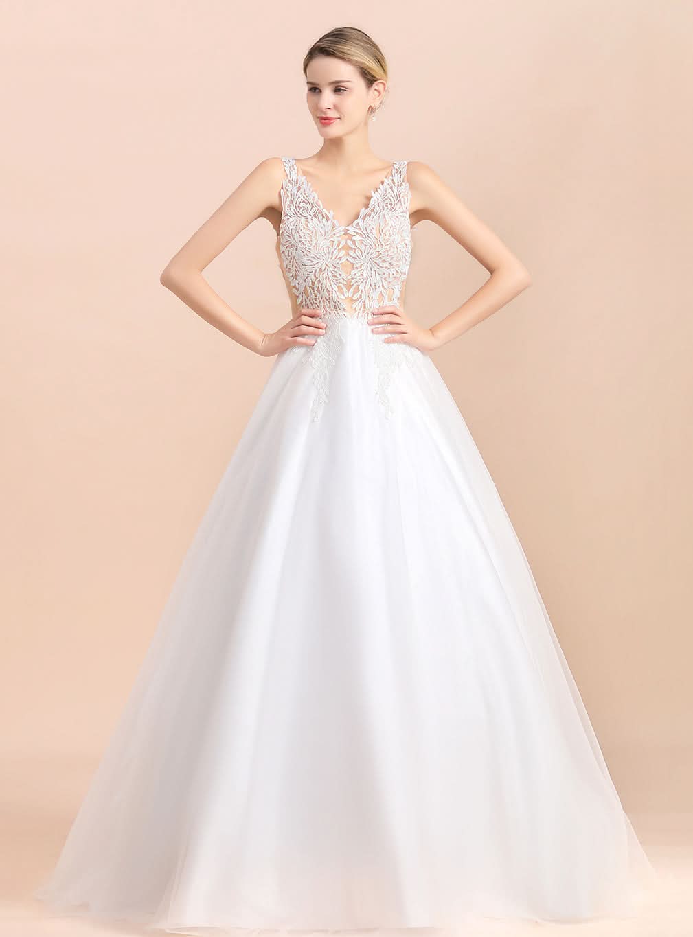 A-Line V-Neck Spaghetti Straps Sleeveless Lace Wedding Dress BMbride