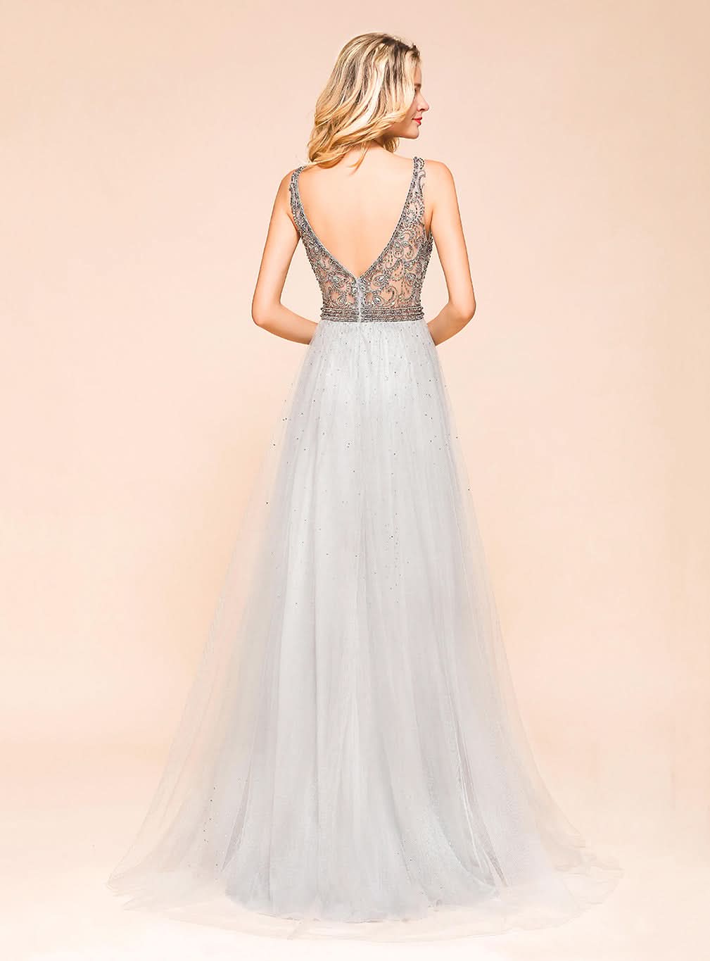 A-Line V-Neck Spaghetti Straps Tulle Floor-Length Dress BMbride