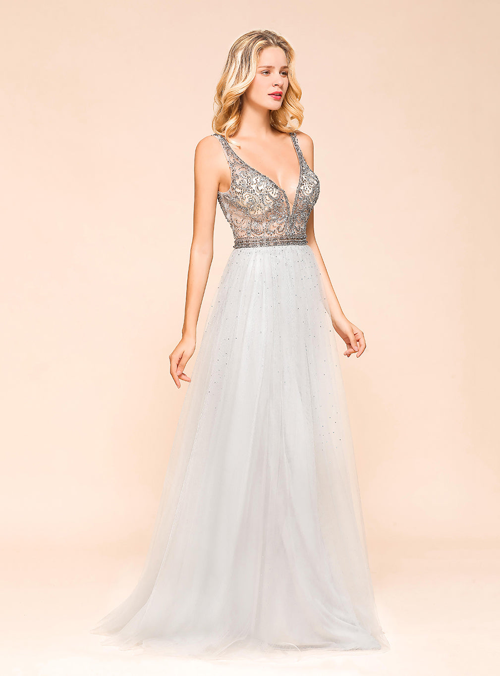 A-Line V-Neck Spaghetti Straps Tulle Floor-Length Dress BMbride