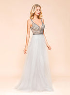 A-Line V-Neck Spaghetti Straps Tulle Floor-Length Dress BMbride