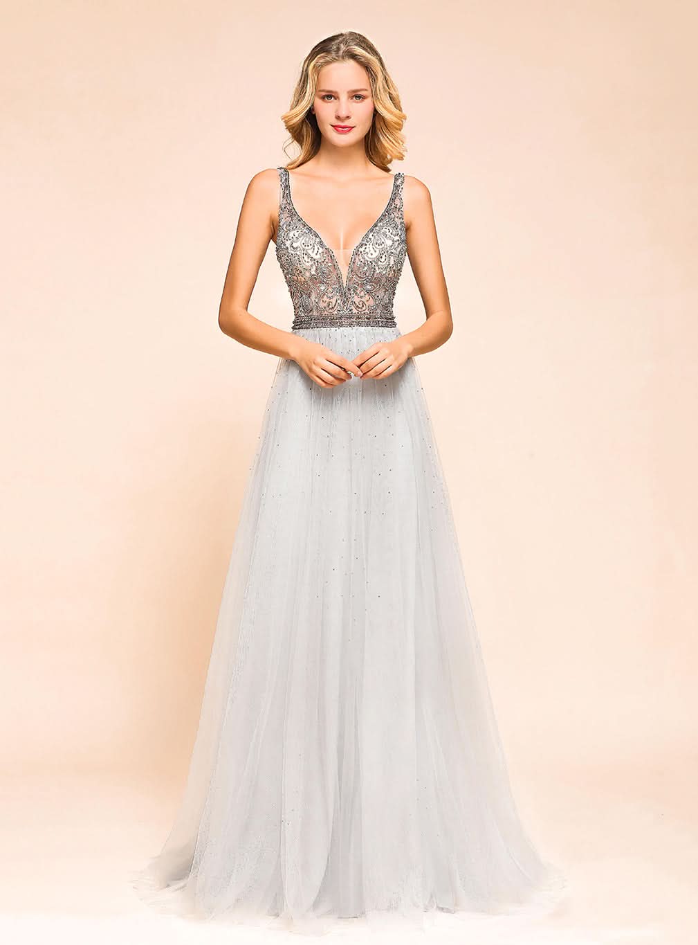 A-Line V-Neck Spaghetti Straps Tulle Floor-Length Dress BMbride